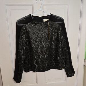 Line & Dot Black Sequin Lace Long-Sleeve Blouse Size S